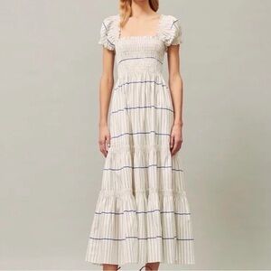 Tory Burch White and Blue Striped Midi Dress